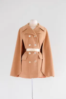 Beautiful 1960's Double Breasted Camel Hair Cape Coat / Sz M