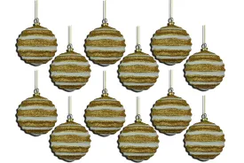 12 Pack of Gold and White Wavy Ball Ornaments with Glitter Enhancements