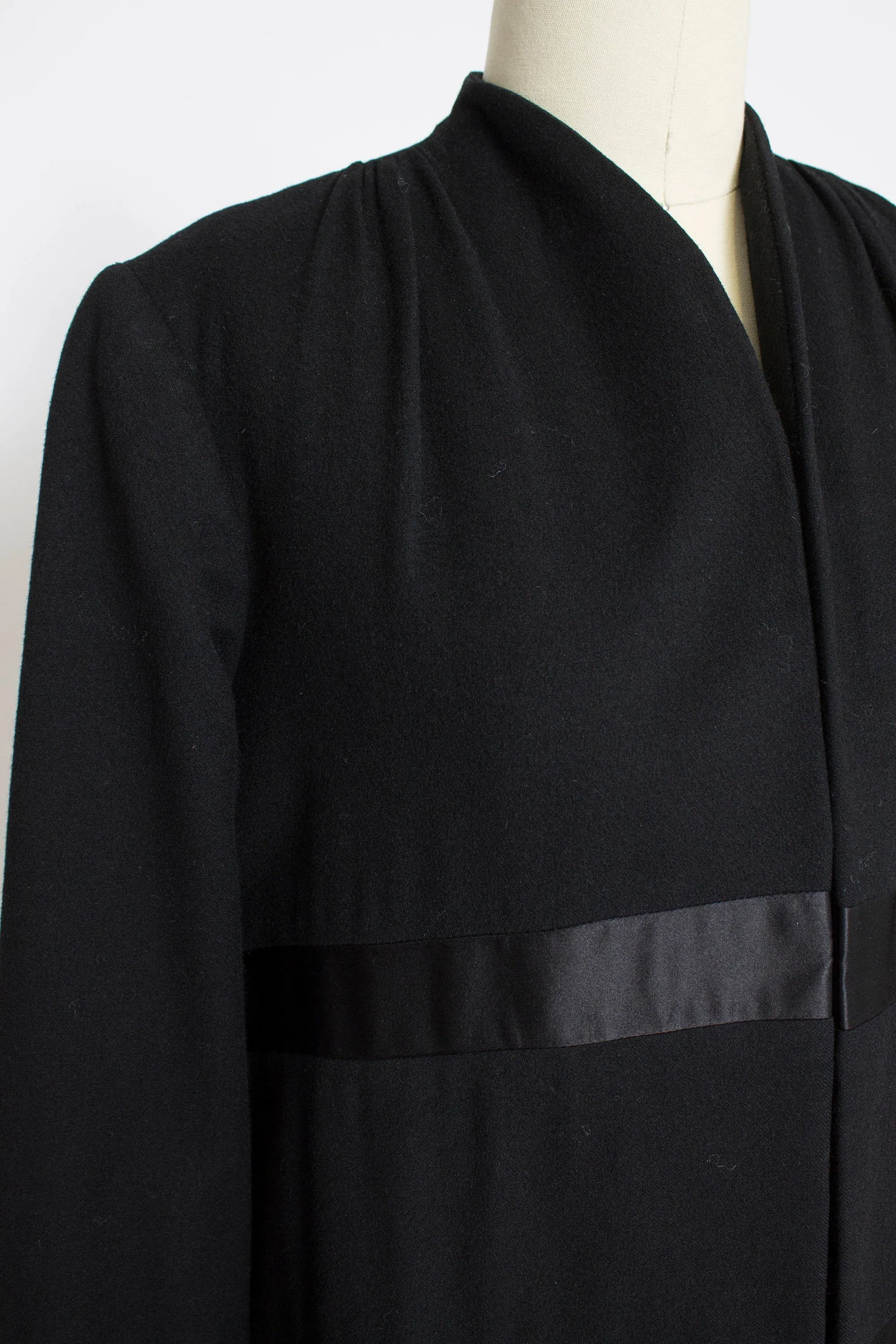 1950s Coat Satin Striped Black Wool Cashmere Small