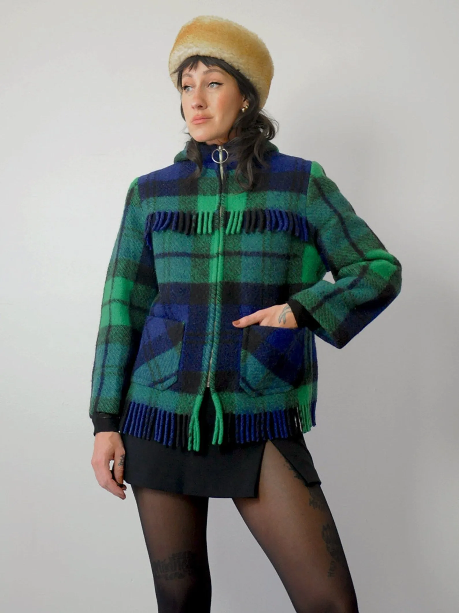 1960's Irish Wool Fringe Plaid Coat