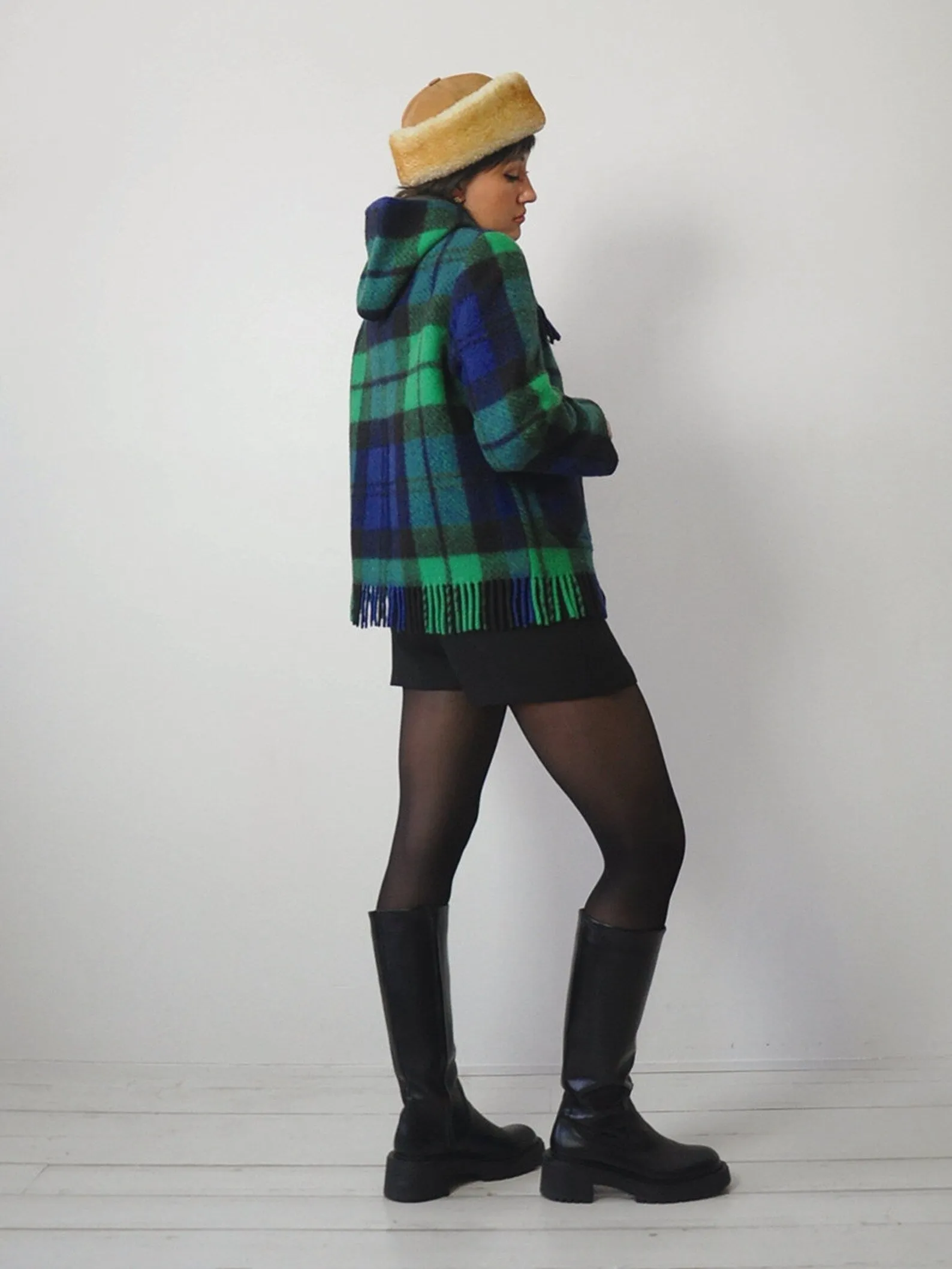 1960's Irish Wool Fringe Plaid Coat