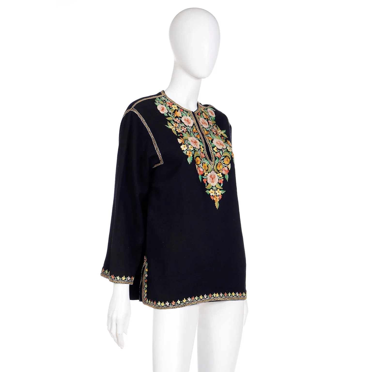 1960s Vintage Black Tunic Top With Fine Aari Kashmiri Embroidery