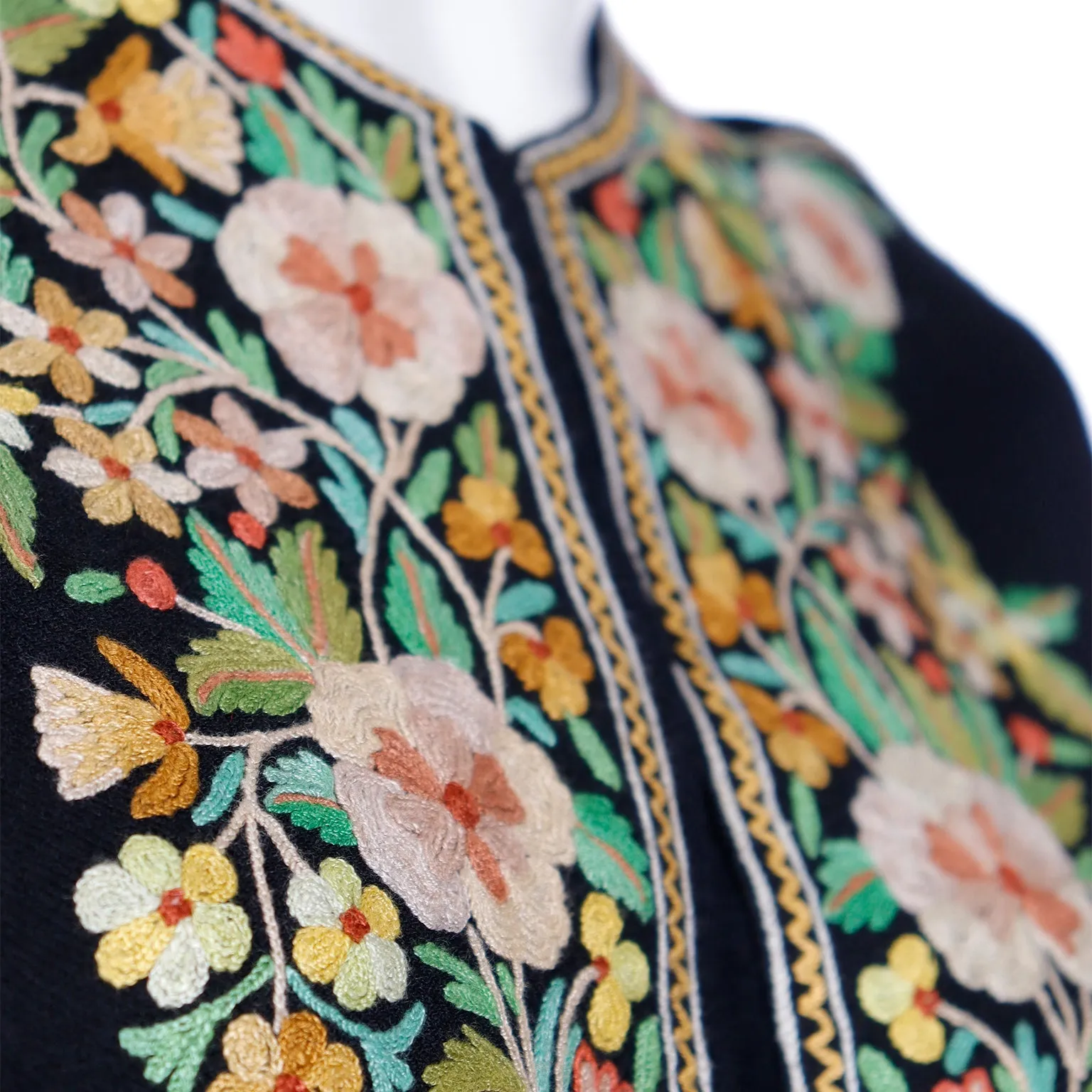 1960s Vintage Black Tunic Top With Fine Aari Kashmiri Embroidery