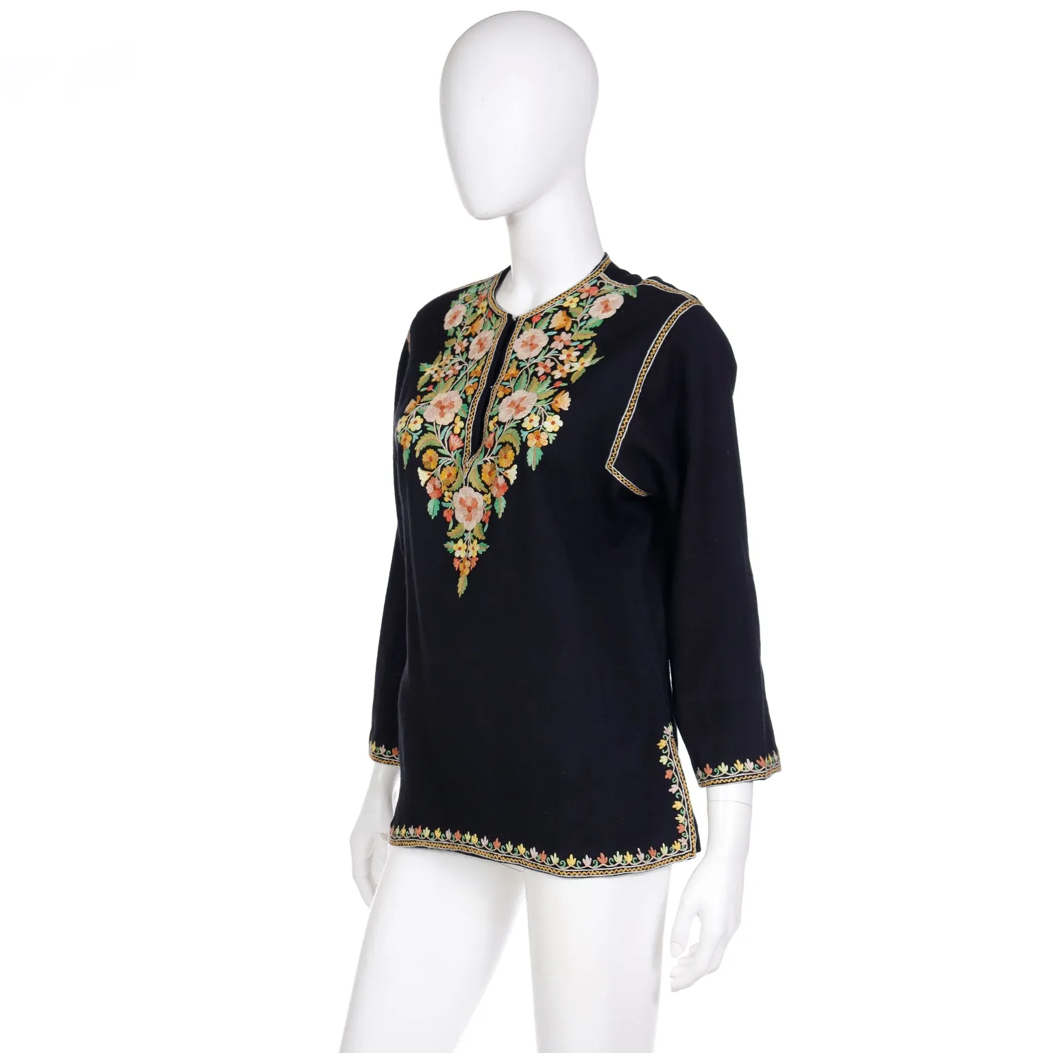 1960s Vintage Black Tunic Top With Fine Aari Kashmiri Embroidery