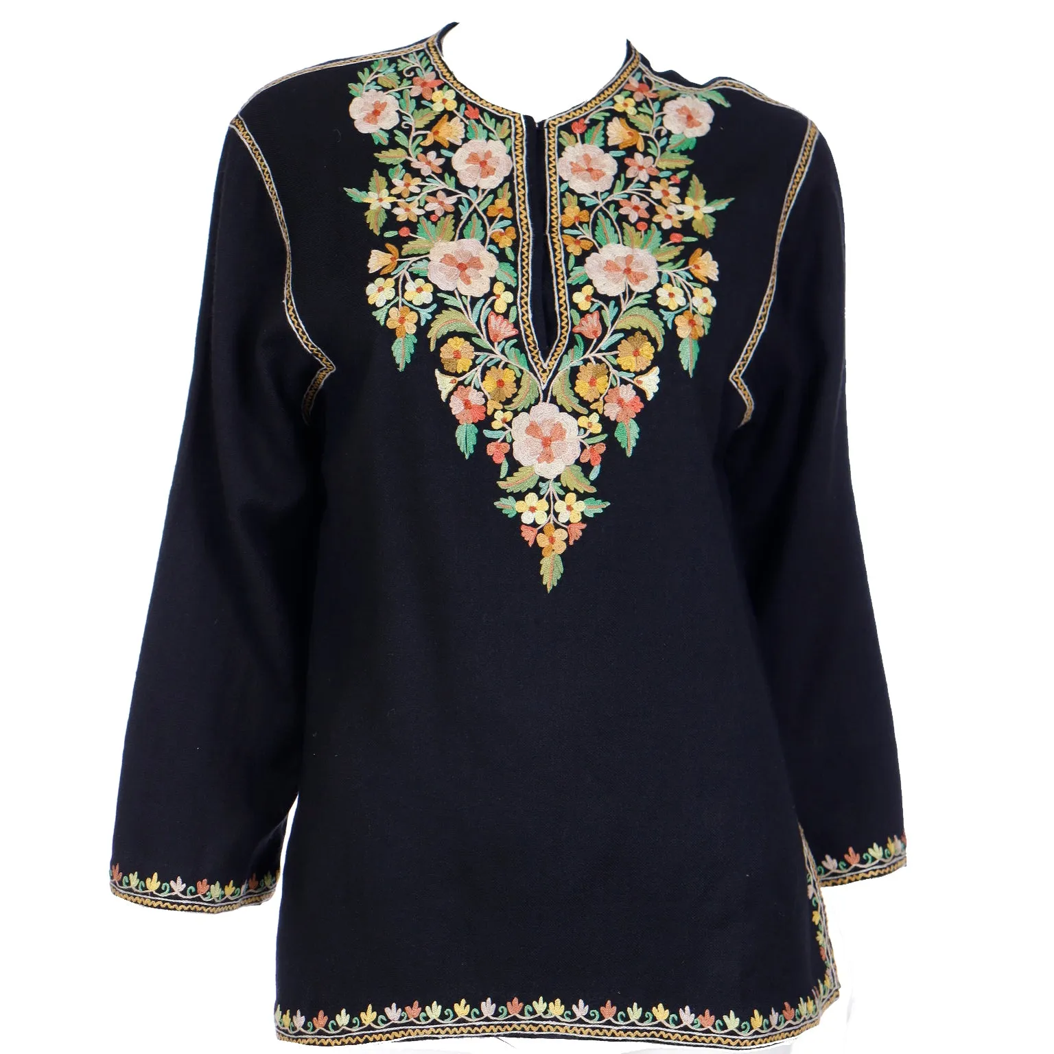 1960s Vintage Black Tunic Top With Fine Aari Kashmiri Embroidery