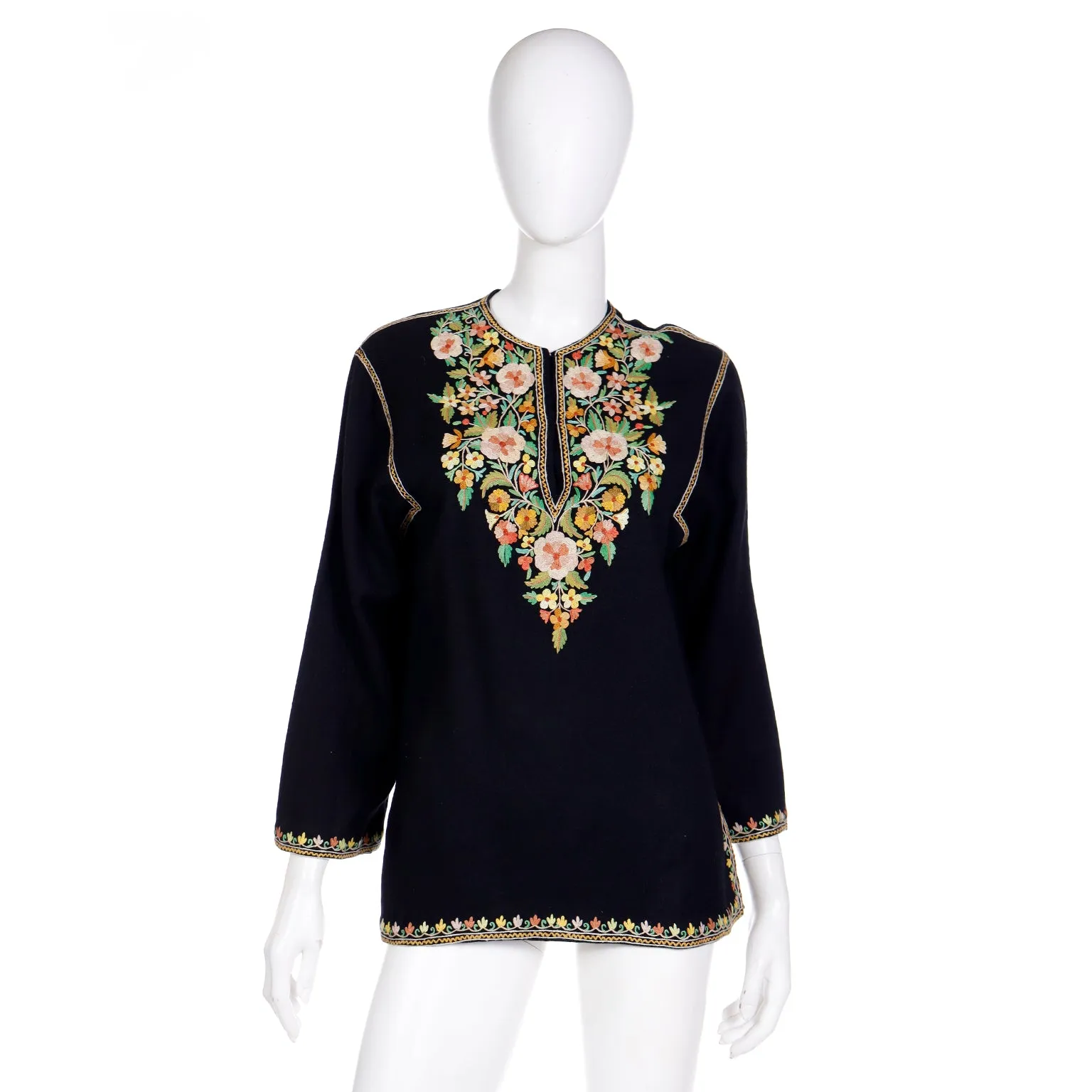 1960s Vintage Black Tunic Top With Fine Aari Kashmiri Embroidery