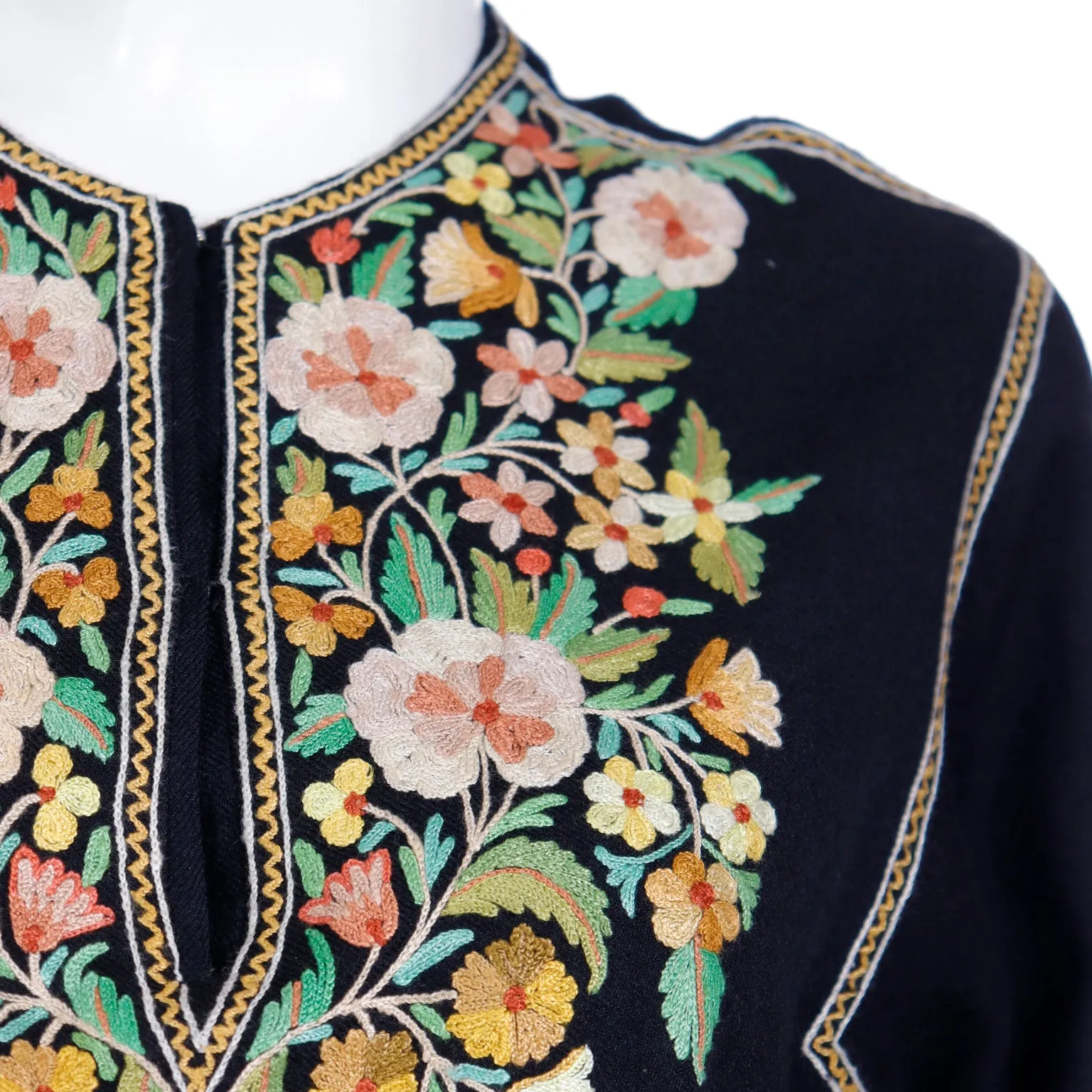 1960s Vintage Black Tunic Top With Fine Aari Kashmiri Embroidery