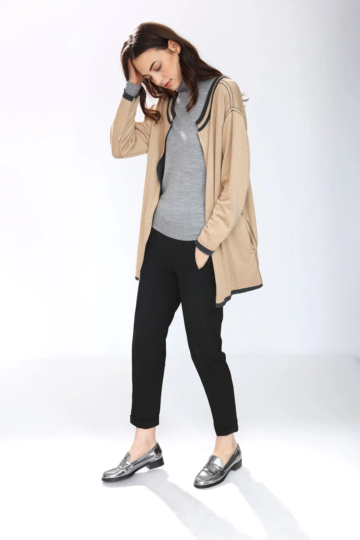 Alex Reversible Silk/cashmere pullover/cardigan- Charcoal/Camel