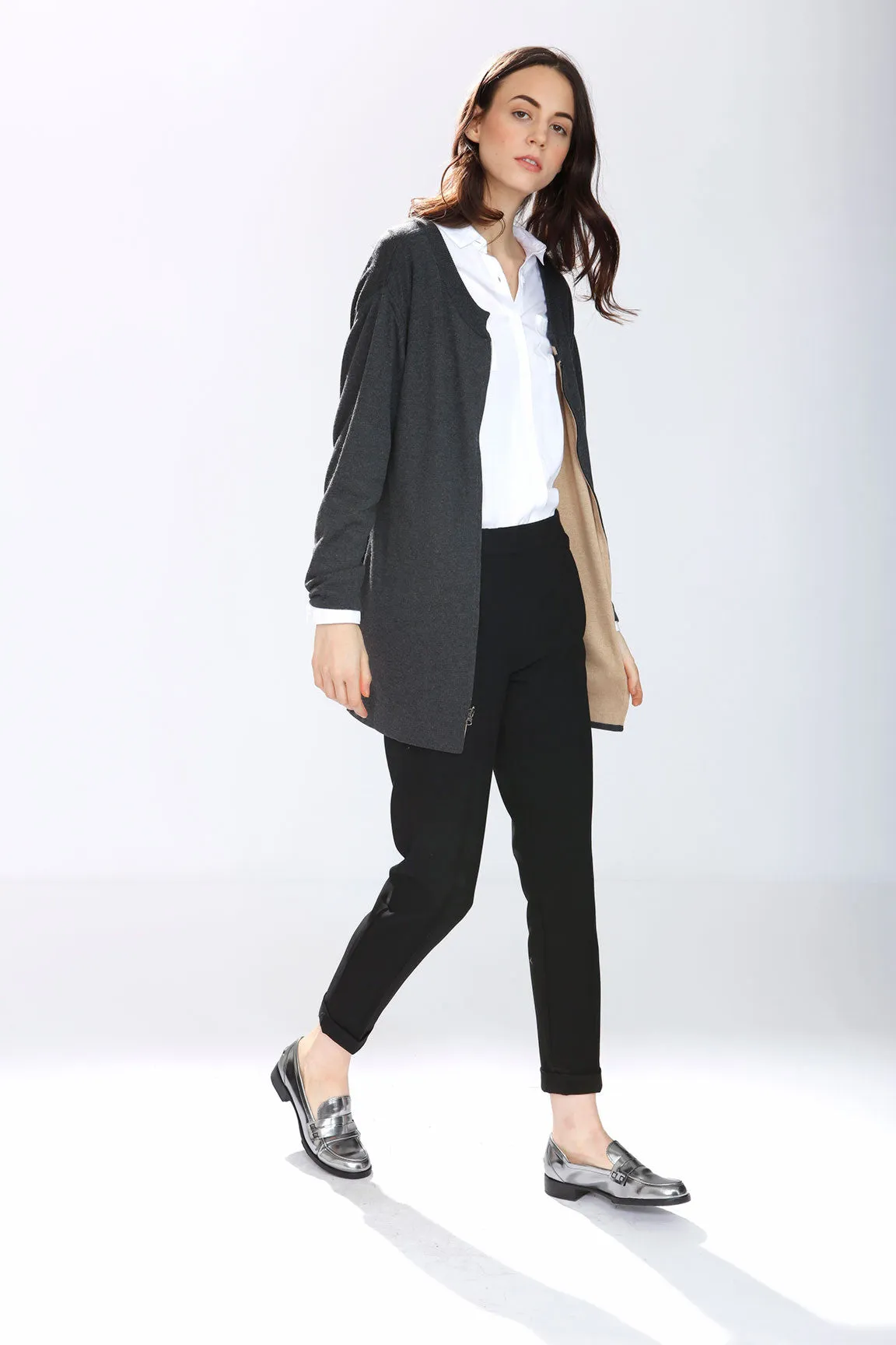 Alex Reversible Silk/cashmere pullover/cardigan- Charcoal/Camel