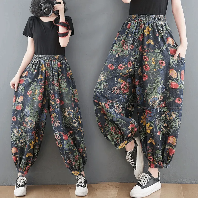 Babakud Women Autumn Retro Blossom High-Waist Harem Pants