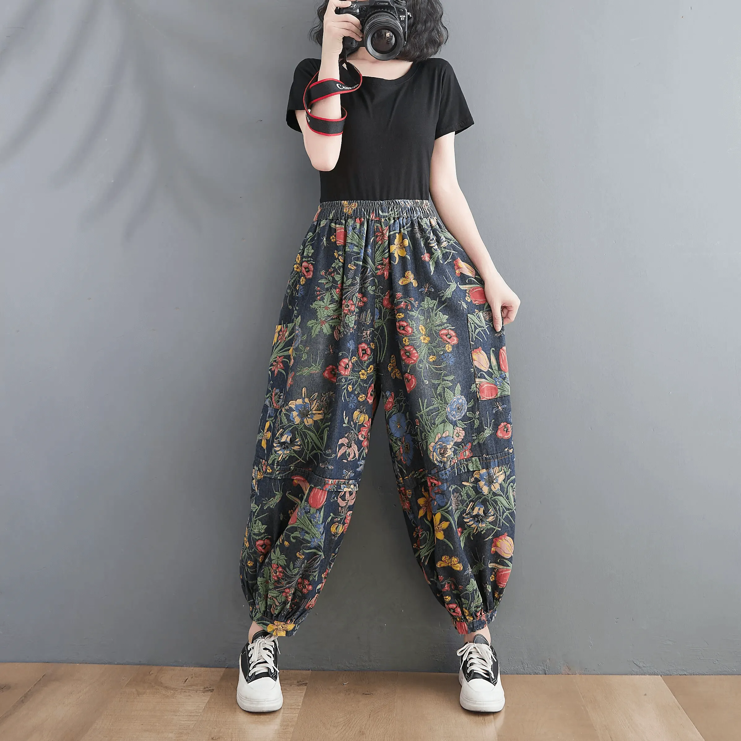 Babakud Women Autumn Retro Blossom High-Waist Harem Pants