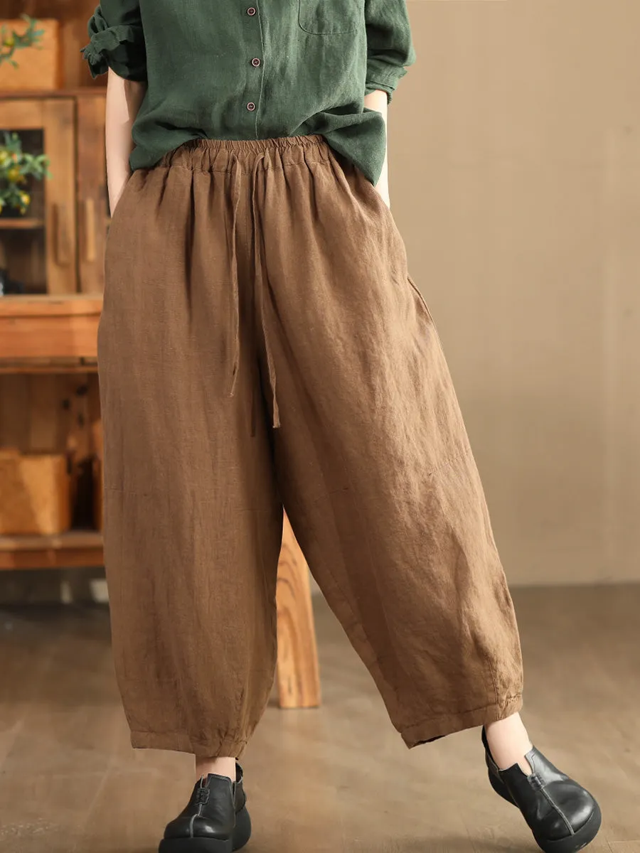 Babakud Women Autumn Retro Loose Solid Colors Hemp Harem Pants