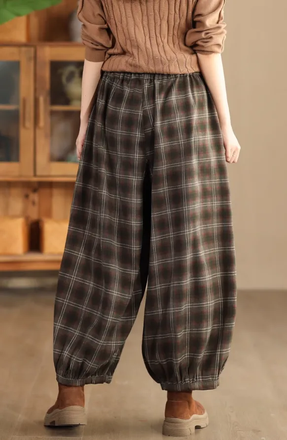 Babakud Women Autumn Retro Plaid Woolen Harem Pants