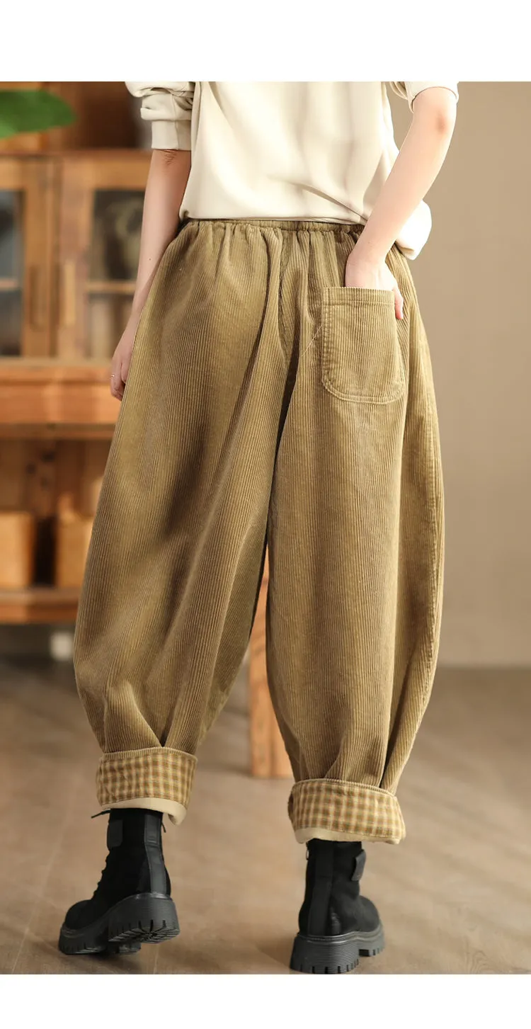 Babakud Women Autumn Retro Solid Colors Cotton Corduroy Harem Pants