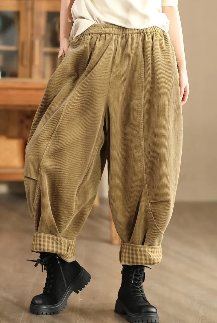 Babakud Women Autumn Retro Solid Colors Cotton Corduroy Harem Pants