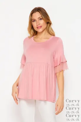 Baby Doll Top with Sheer Ruffle Sleeves - Mauve