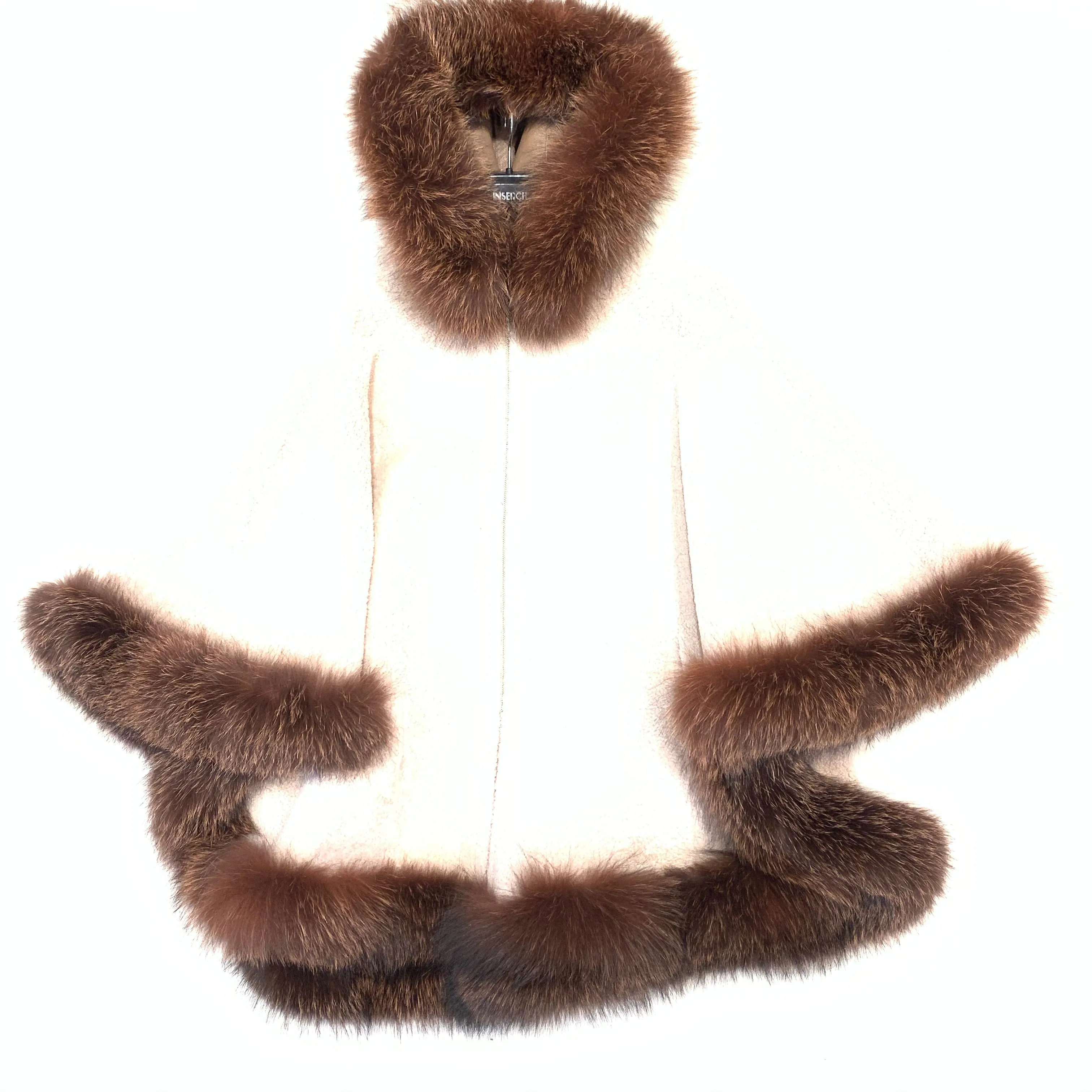 Barya NewYork White Wool Hooded Fox Fur Poncho