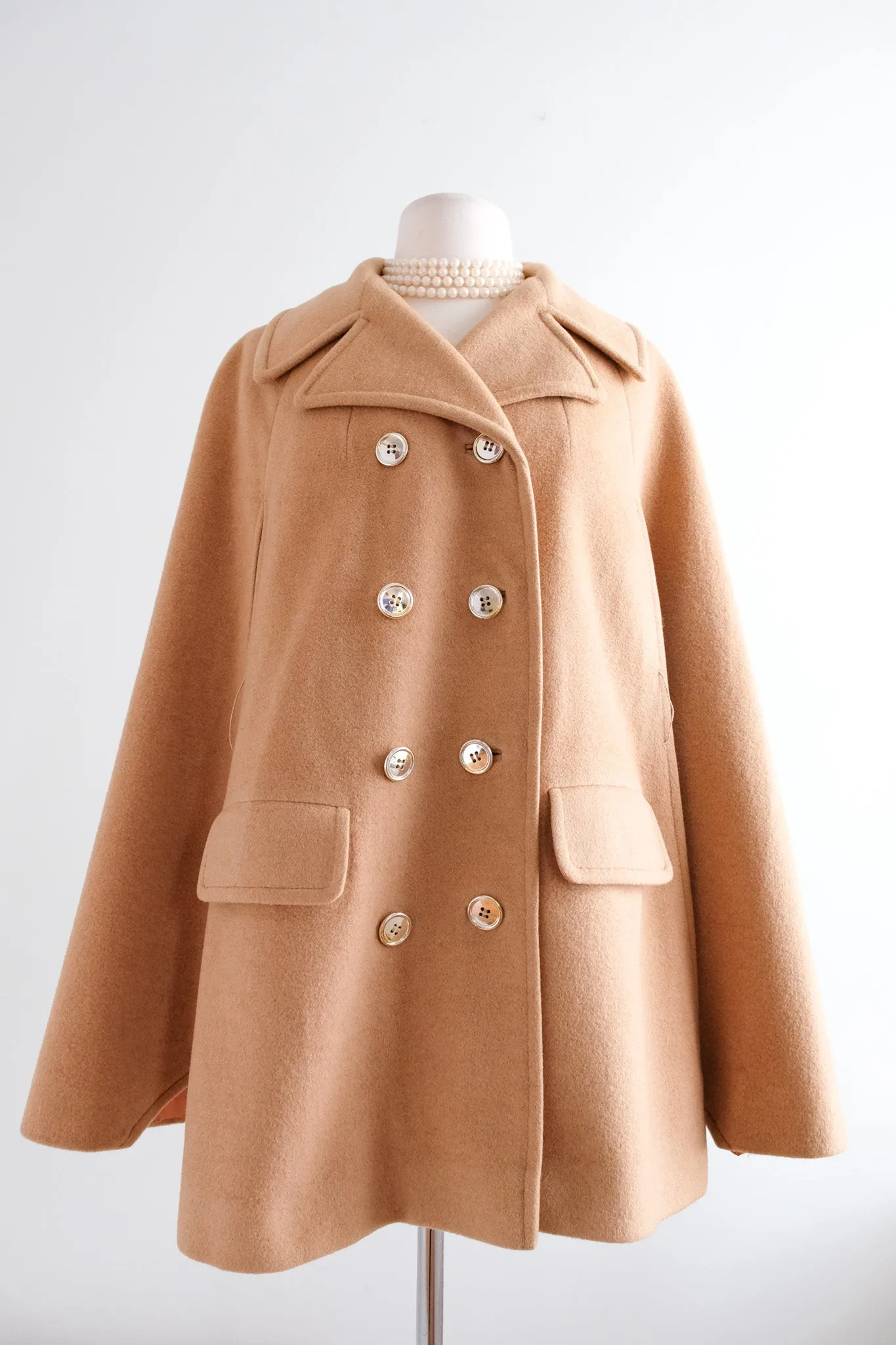 Beautiful 1960's Double Breasted Camel Hair Cape Coat / Sz M