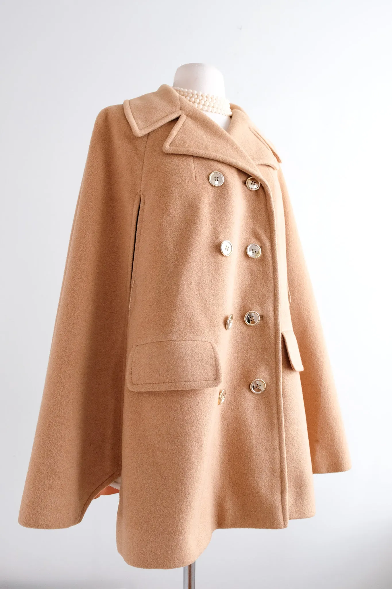 Beautiful 1960's Double Breasted Camel Hair Cape Coat / Sz M