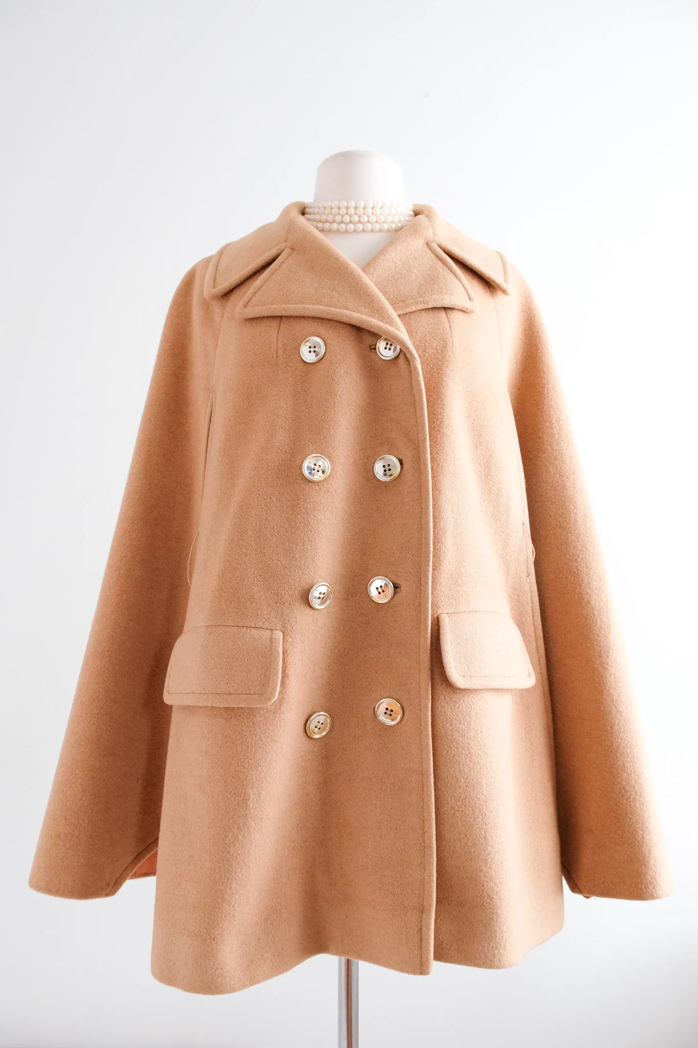 Beautiful 1960's Double Breasted Camel Hair Cape Coat / Sz M