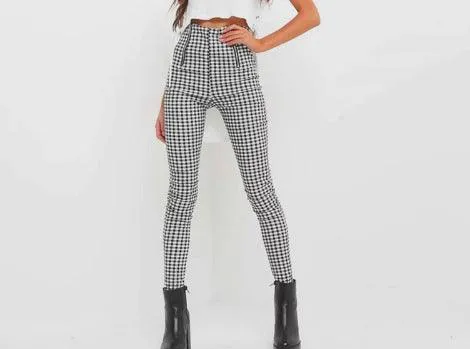 Black and white plaid zipper slim slimming white pants