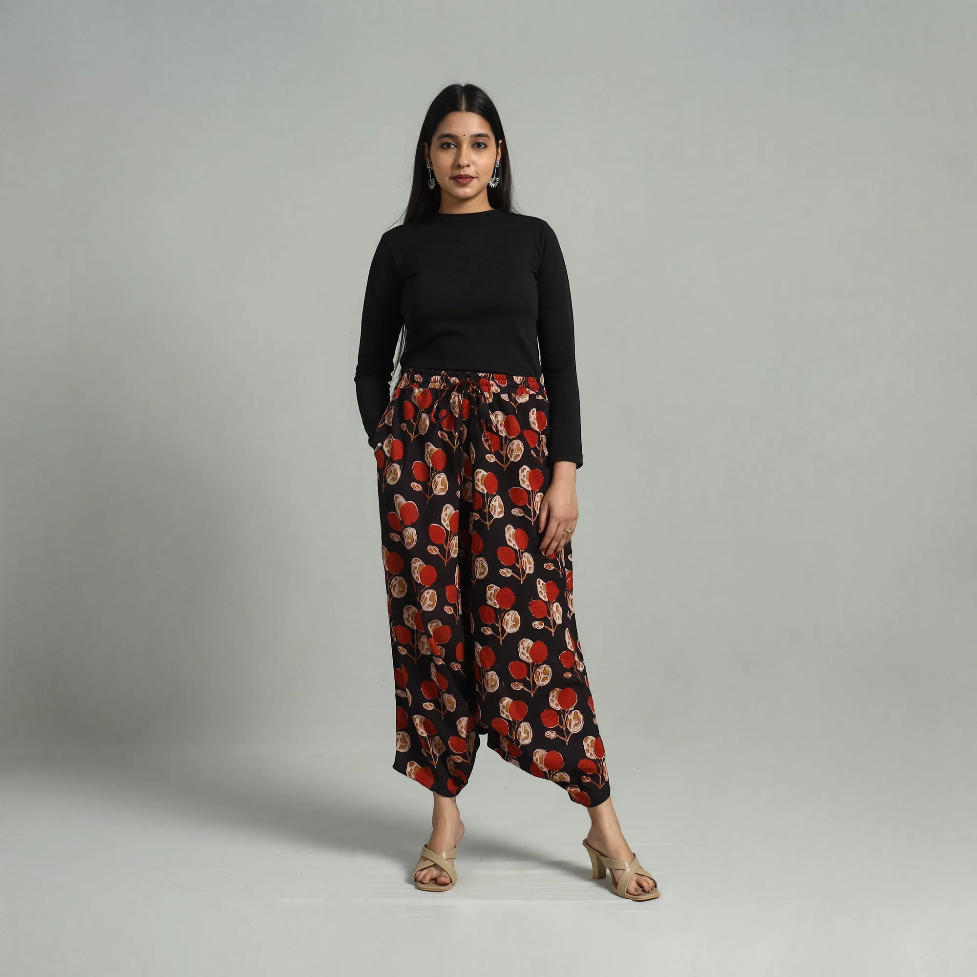 Black - Bagru Block Print Cotton Elasticated Harem Pant 11