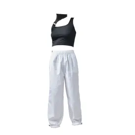 Black Buckle Top & White Parachute Pants