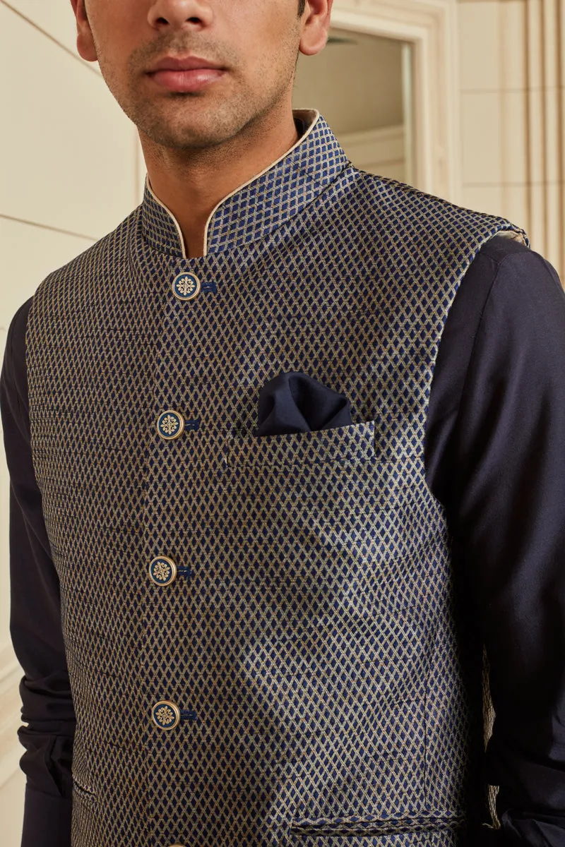 Blue Brocade Kurta Bundi Set