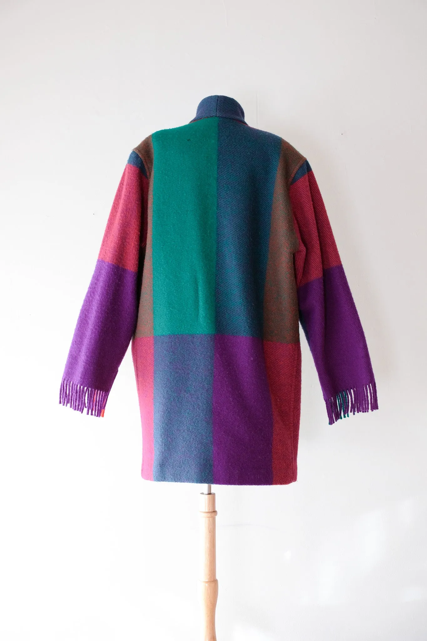 Bold 1980's Jewel-tone Bold Plaid Wool Fringe Cocoon Coat / Sz L