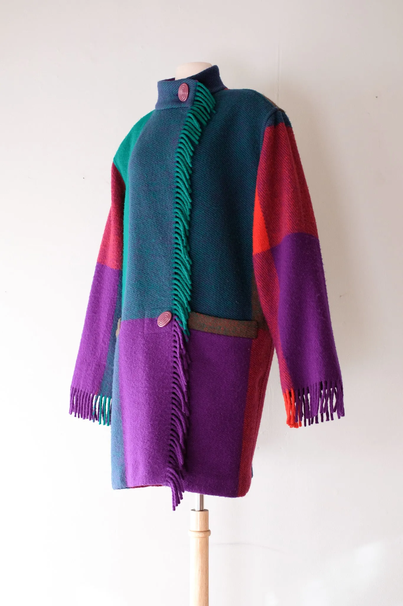 Bold 1980's Jewel-tone Bold Plaid Wool Fringe Cocoon Coat / Sz L