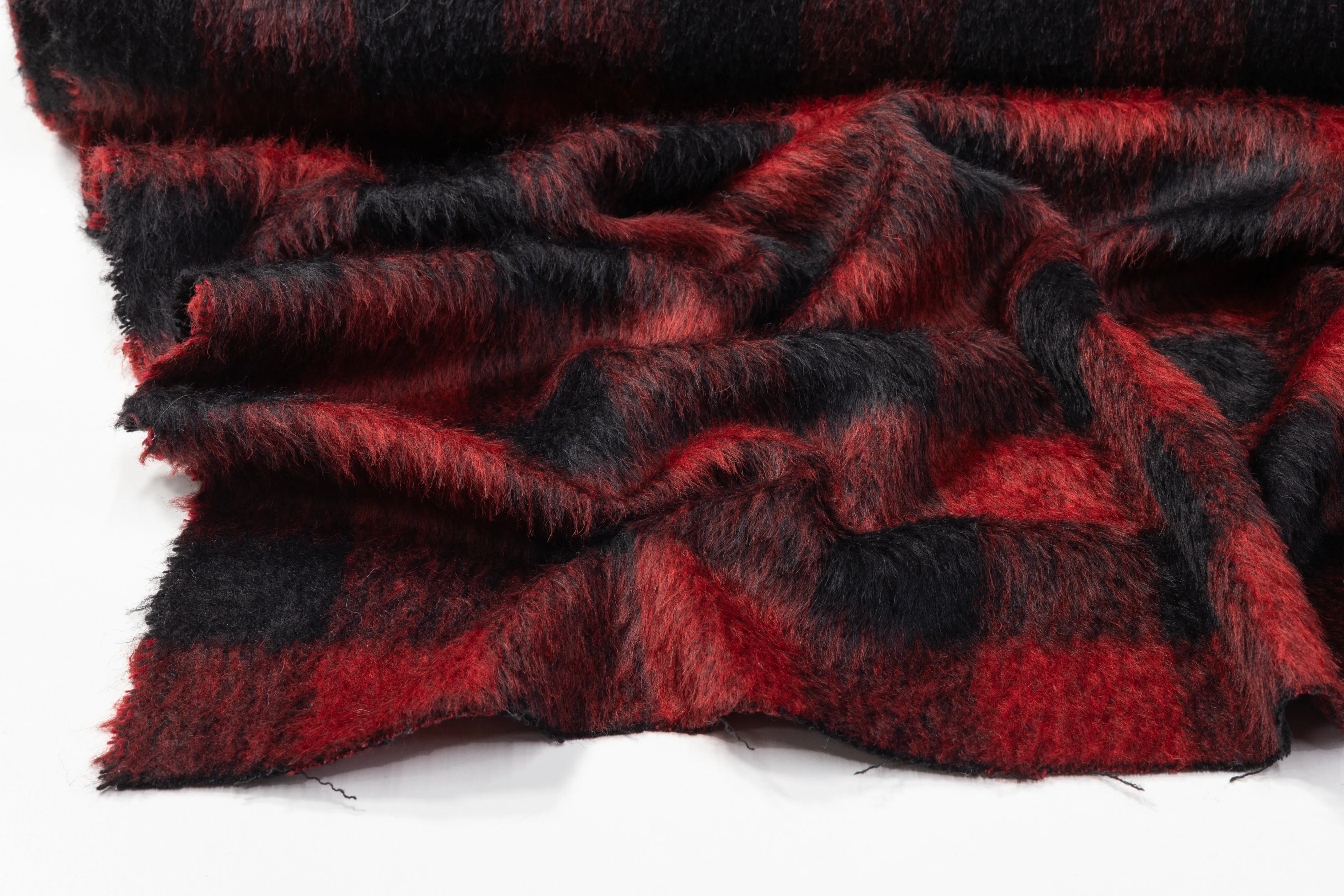 Buffalo Plaid Long-haired Wool Coating - Red / Black