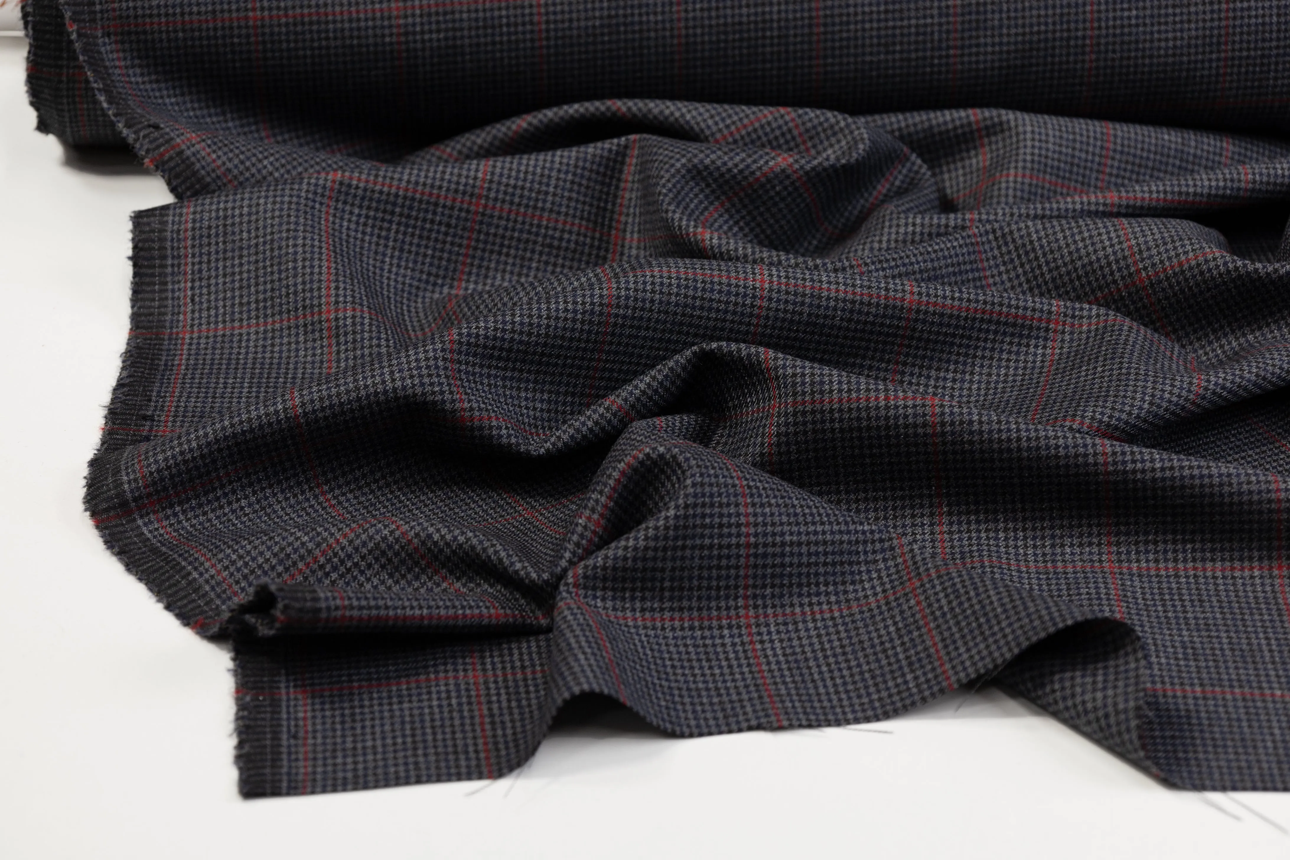 Checked Stretch Wool Blend Suiting - Charcoal Gray / Red