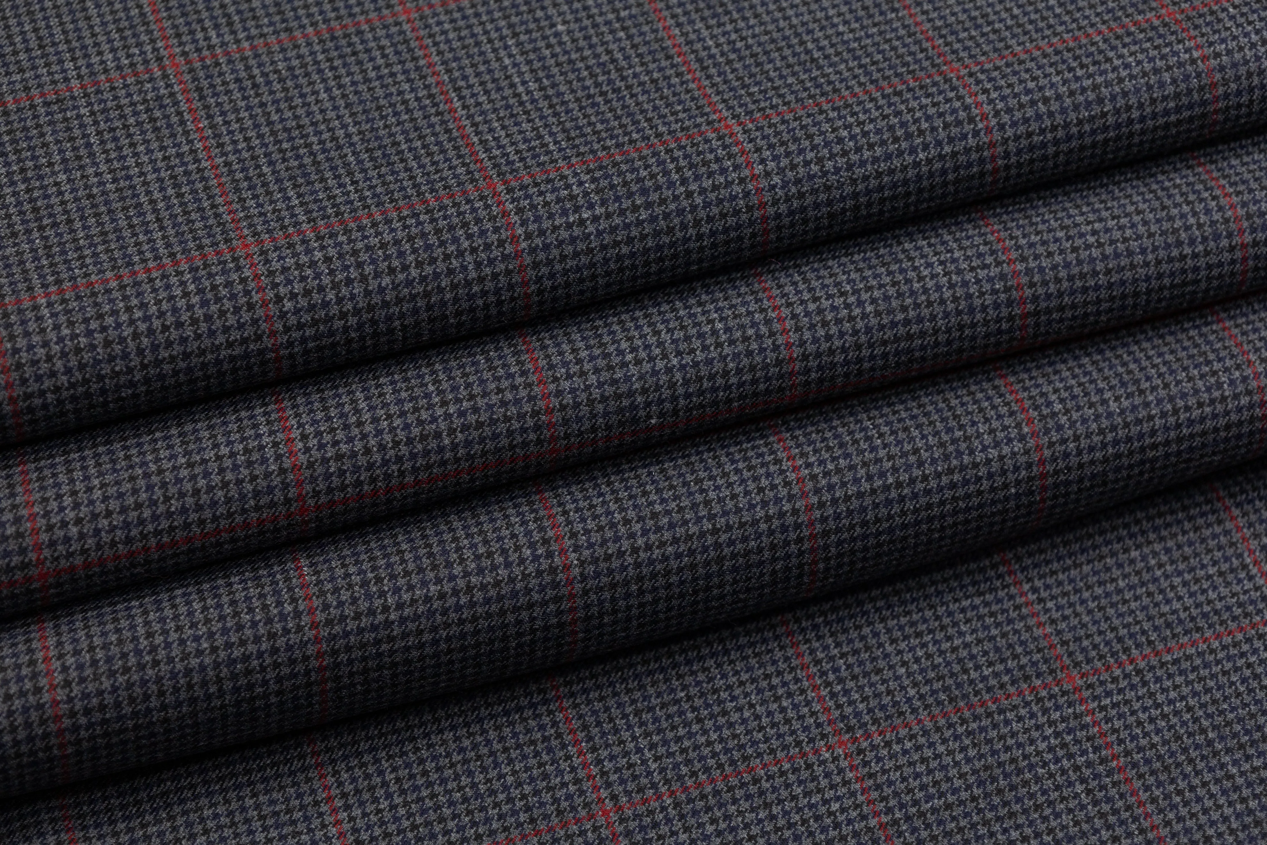 Checked Stretch Wool Blend Suiting - Charcoal Gray / Red