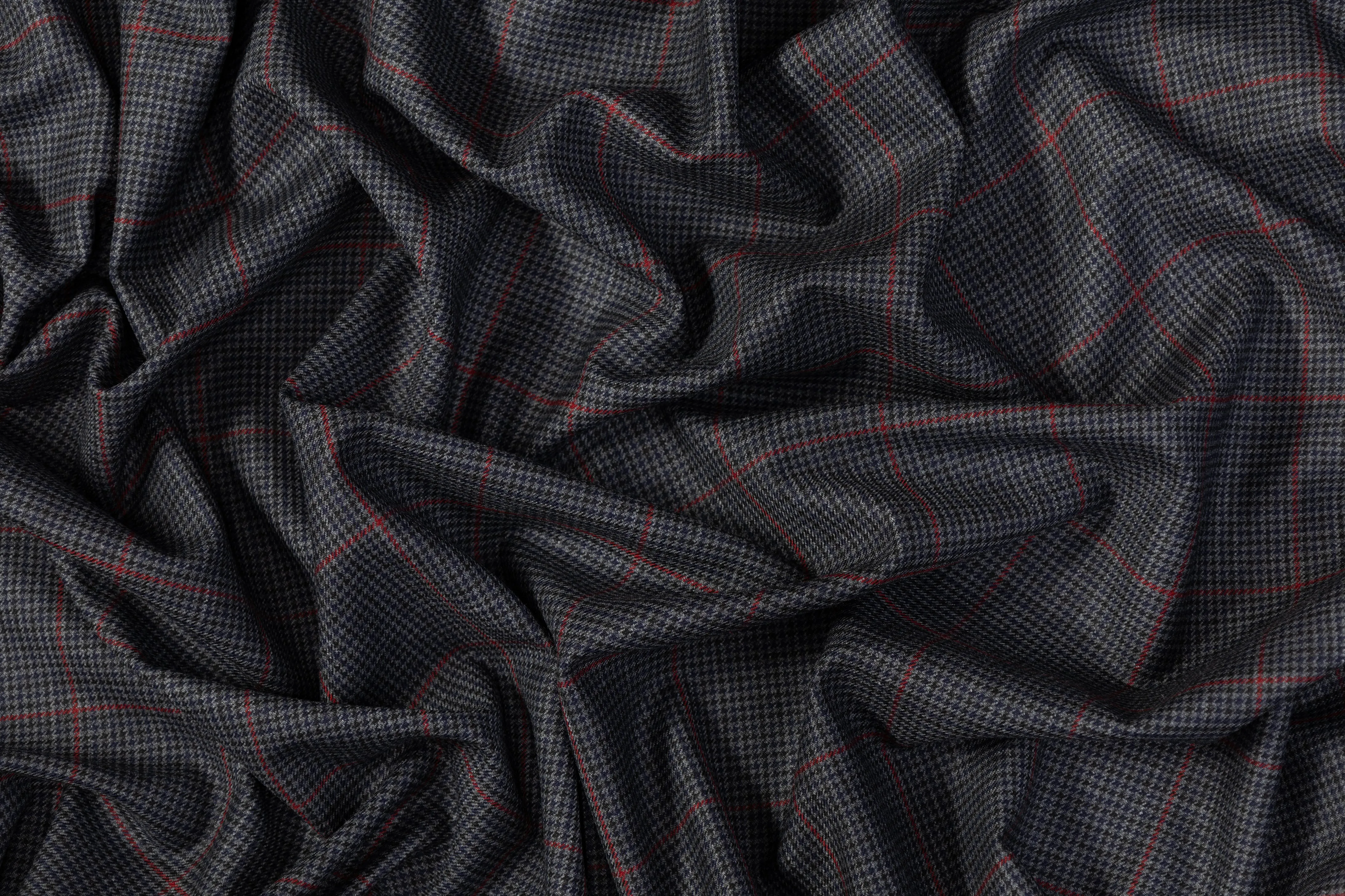 Checked Stretch Wool Blend Suiting - Charcoal Gray / Red