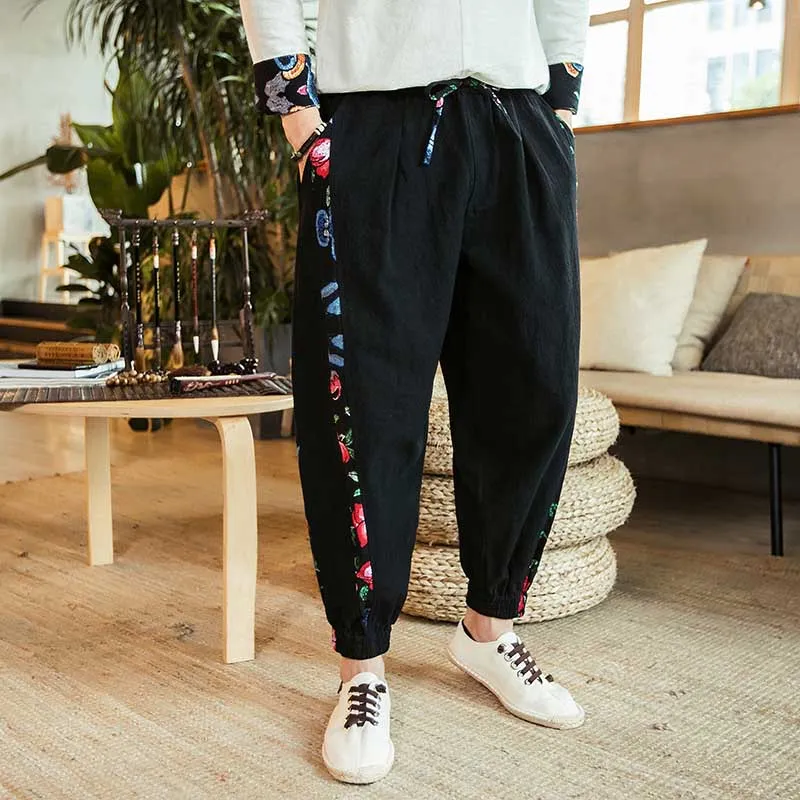 Colorblock Linen Harem Wide Pants