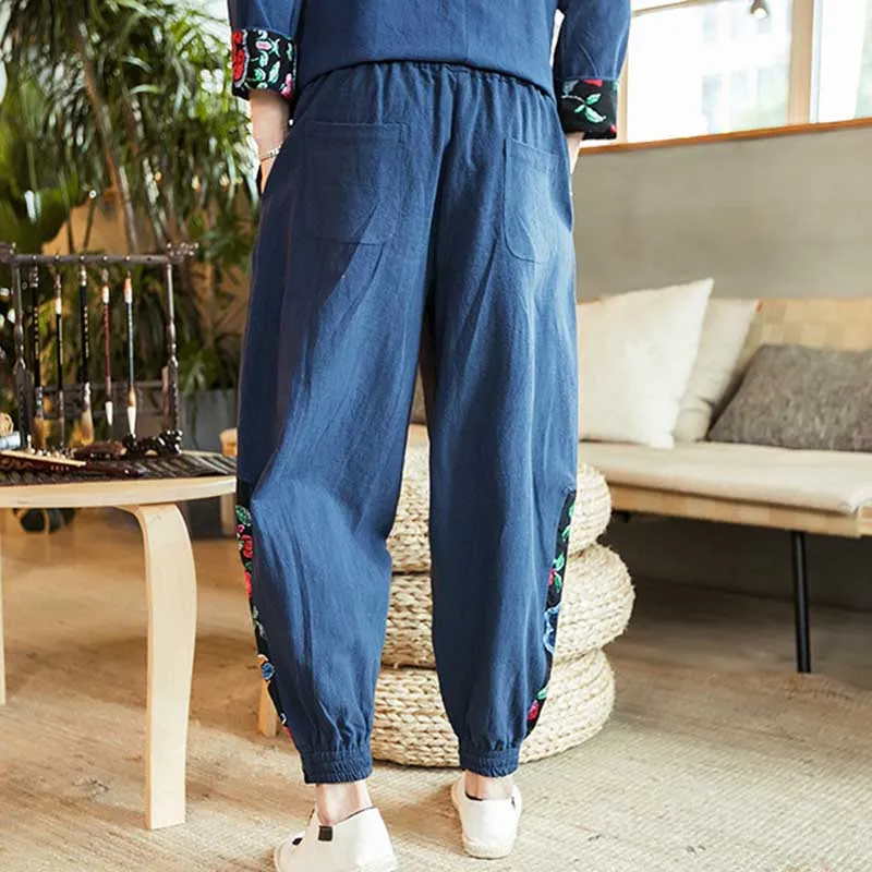 Colorblock Linen Harem Wide Pants