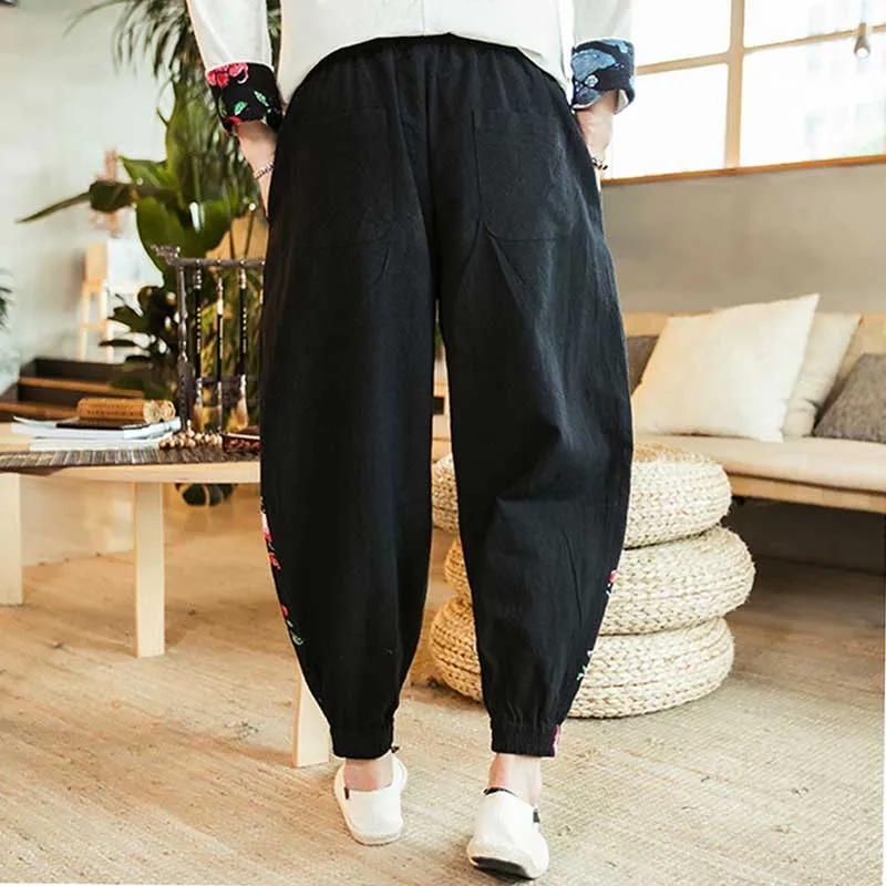 Colorblock Linen Harem Wide Pants