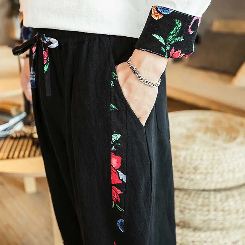 Colorblock Linen Harem Wide Pants