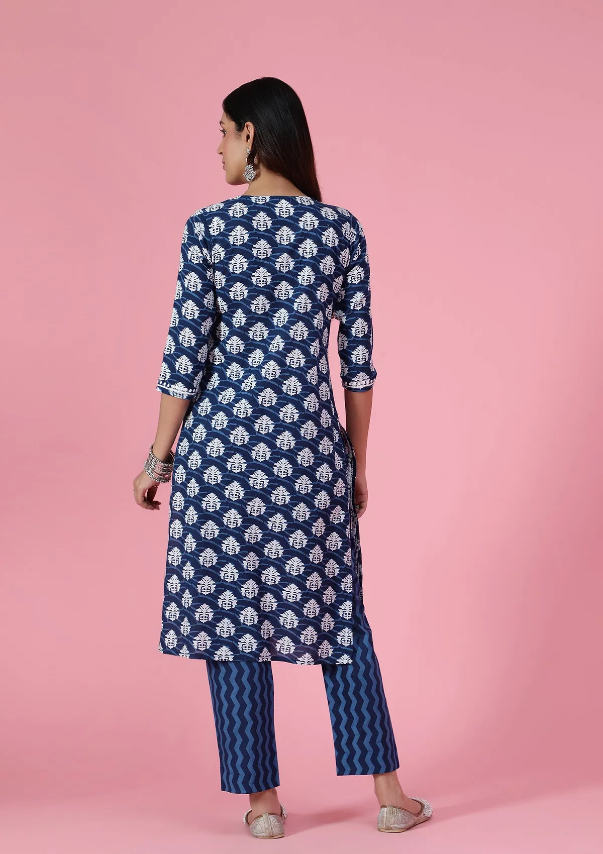 Cotton Chikankari Printed Women's 2 PC Long Kurta Set - Blue