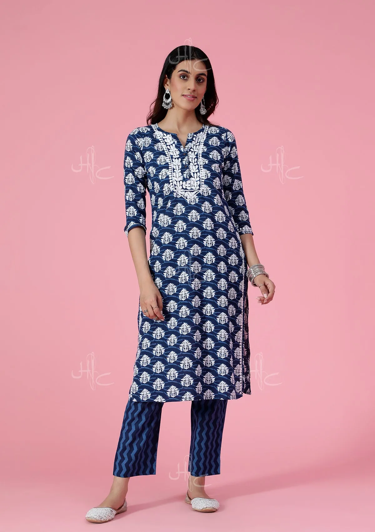 Cotton Chikankari Printed Women's 2 PC Long Kurta Set - Blue