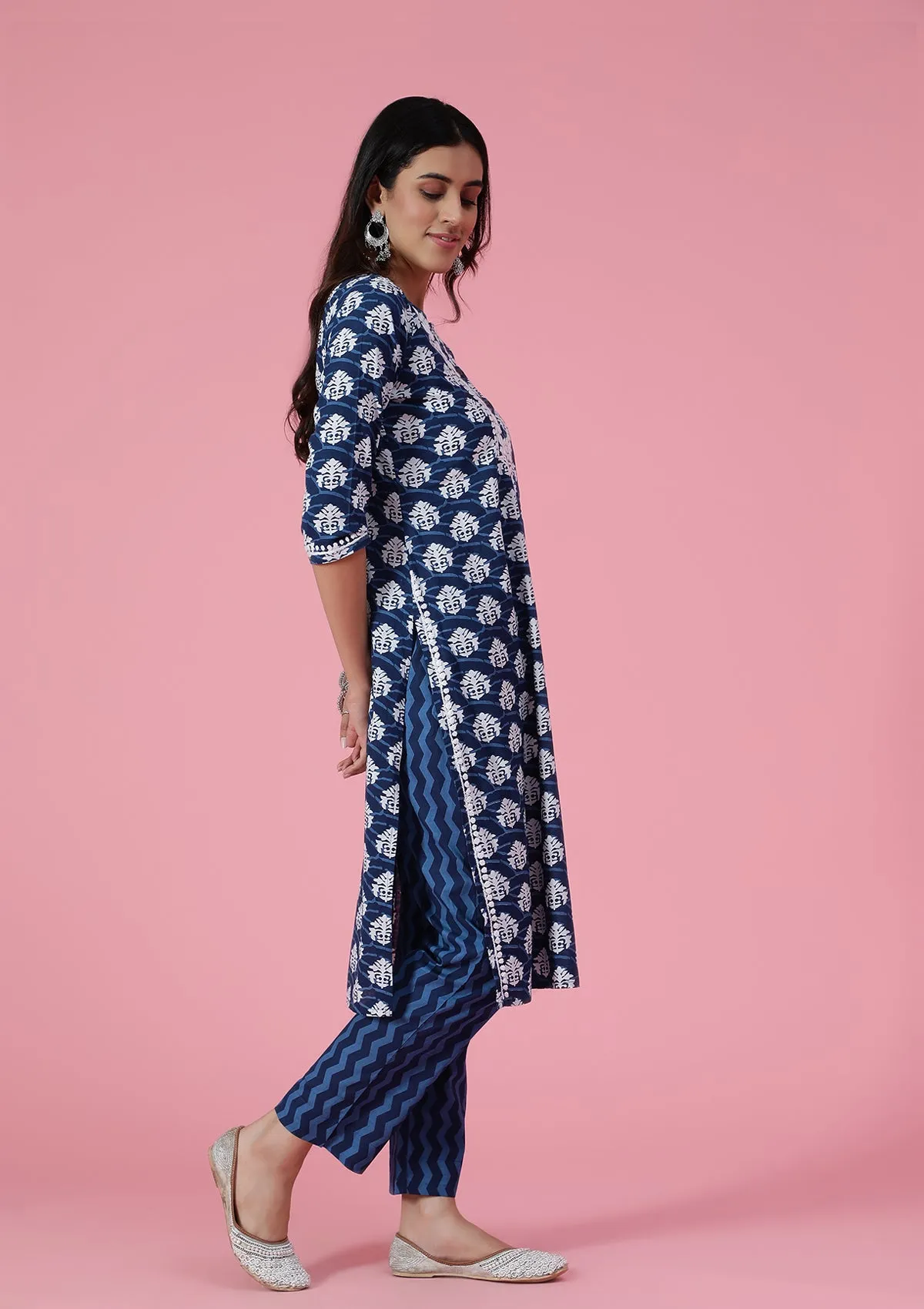 Cotton Chikankari Printed Women's 2 PC Long Kurta Set - Blue