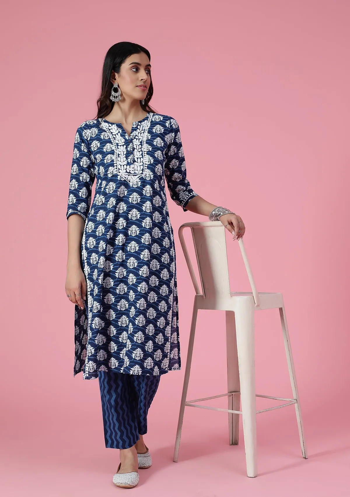 Cotton Chikankari Printed Women's 2 PC Long Kurta Set - Blue