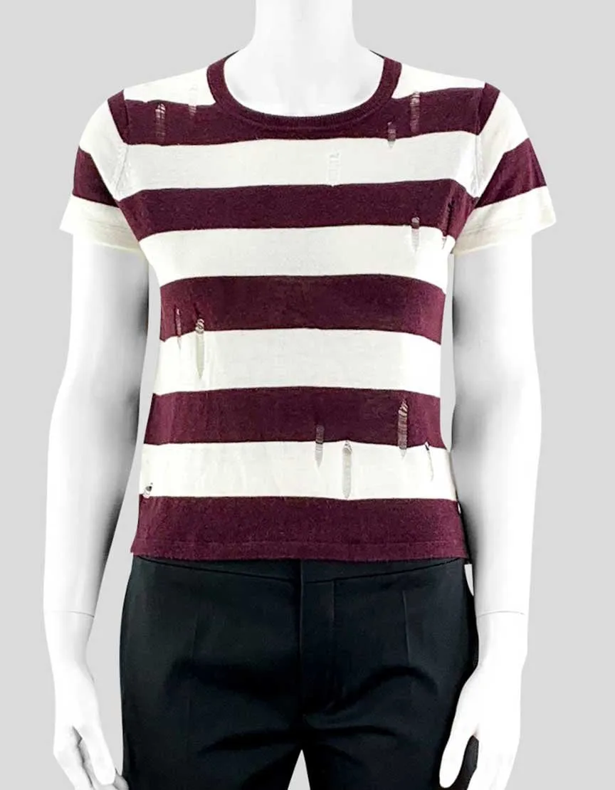 Enza Costa Burgundy Striped Sweater Short Sleeve X-Small