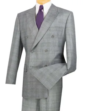 Executive Double Breasted Regular Fit Glen Plaid Suit - Color Grey