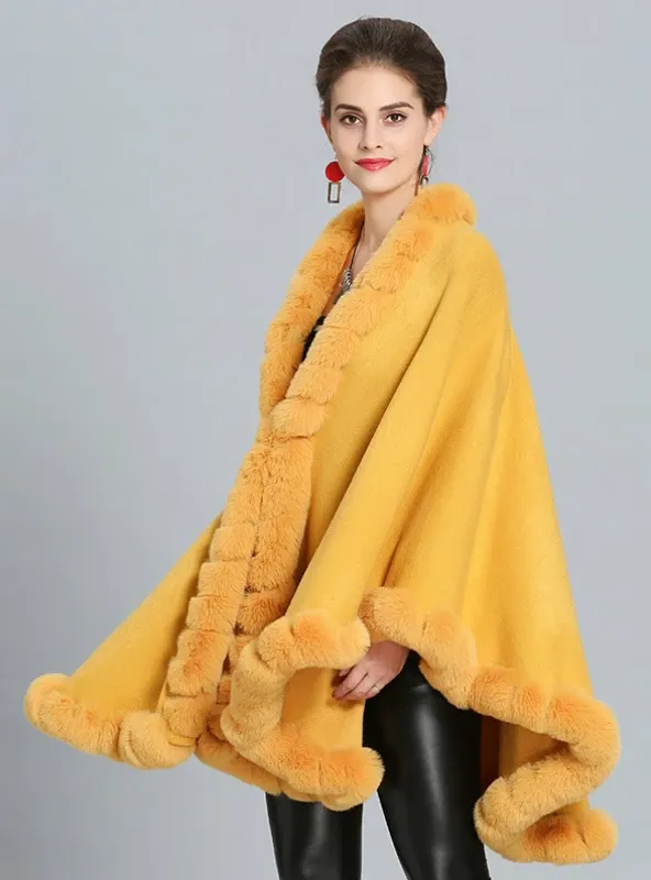 FOX LIKE FUR COLLAR KNITTED CAPE COAT WITH LARGE SHAWL