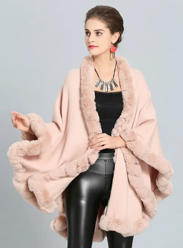 FOX LIKE FUR COLLAR KNITTED CAPE COAT WITH LARGE SHAWL