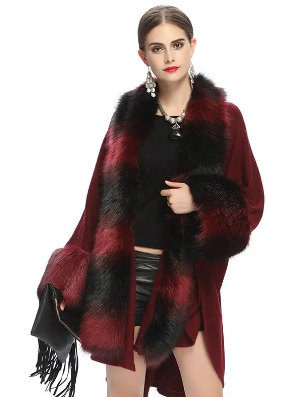 FOX LLIKE FUR COLLAR KNITTED CARDIGAN SHAWL COAT