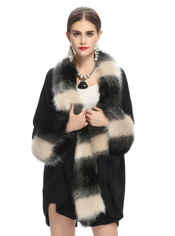 FOX LLIKE FUR COLLAR KNITTED CARDIGAN SHAWL COAT