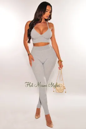 Heather Gray Spaghetti Strap Scrunch Butt Leggings Two Piece Set