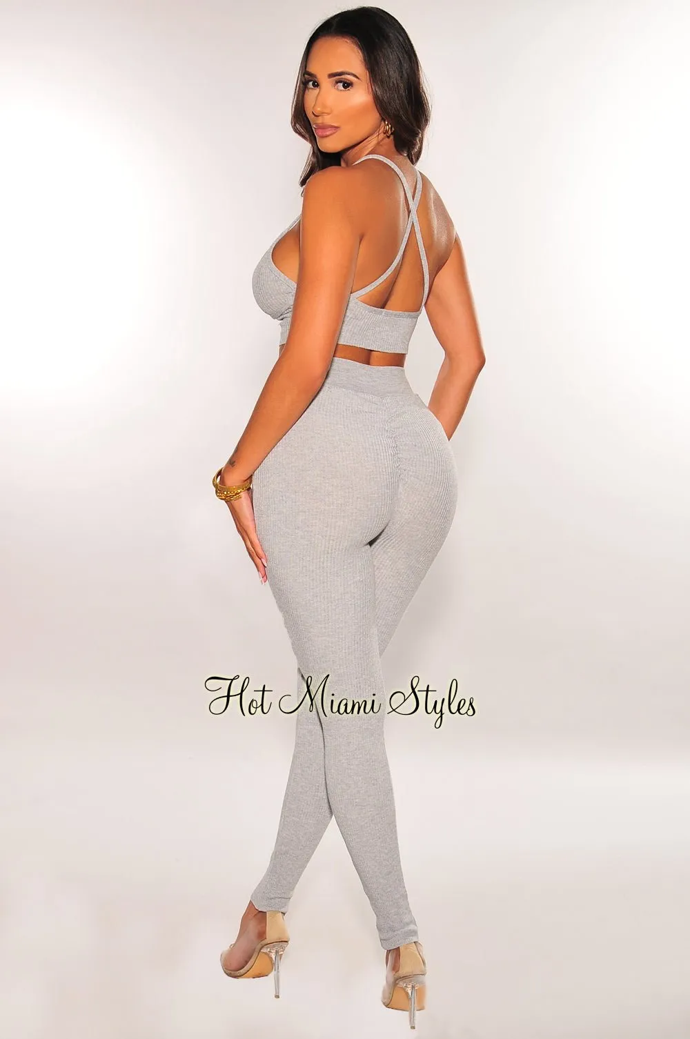 Heather Gray Spaghetti Strap Scrunch Butt Leggings Two Piece Set